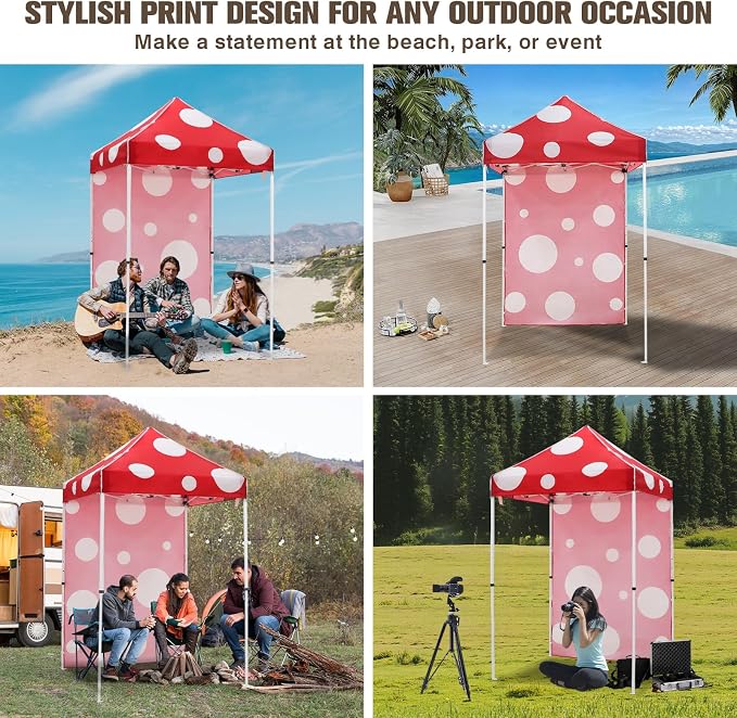EAGLE PEAK Pop up Canopy 5x5, Outdoor Portable Canopy Tent with One Removable Sunwall, Carry Bag Included, Red Mushroom