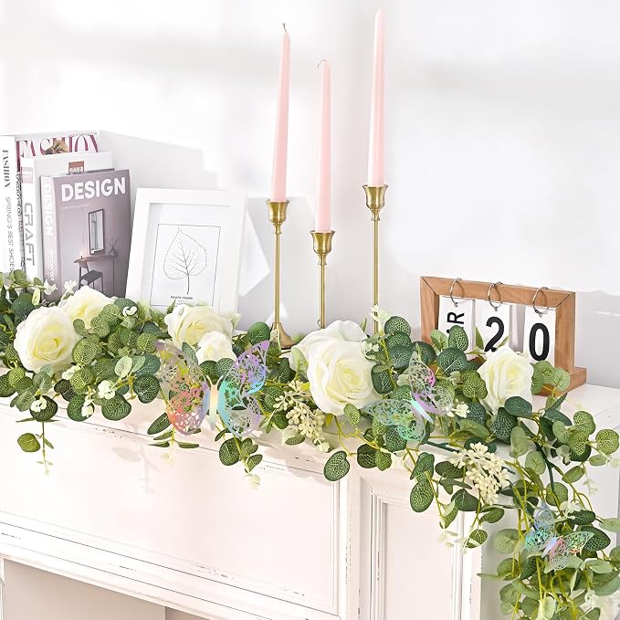 Yastouay 6 Ft Fuller White Flower Garland with Butterfly, Artificial Eucalyptus Garland with Flowers Fake Rose Vine Garland for Table Centerpiece Wedding Arch Baby Shower Party Room Backdrop Decor