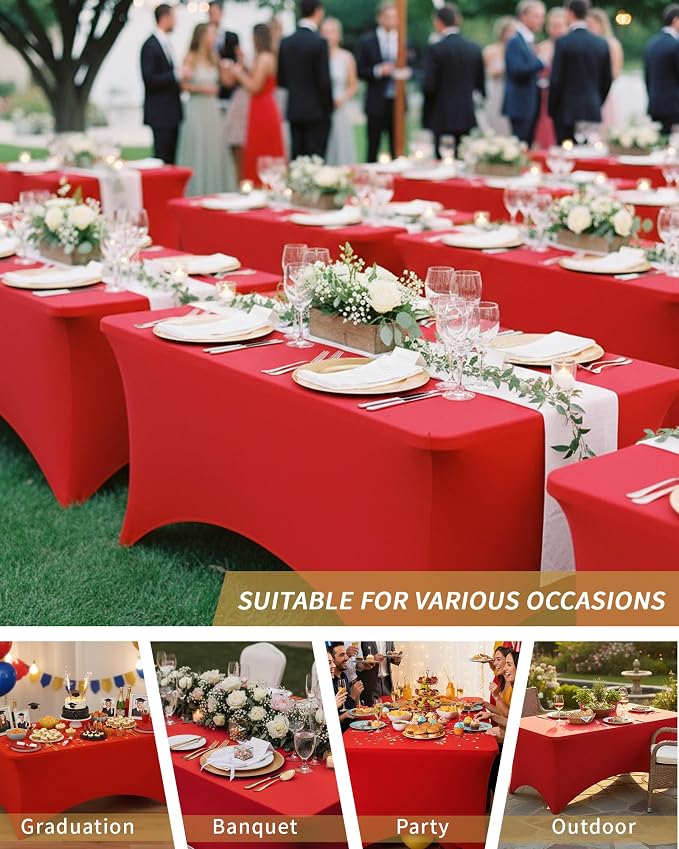 Fixwal 3 Pack Red Tablecloth Rectangle 8Ft, Stretch Spandex Fitted Table Cover for Party, Trade Show, Wedding, Buffet, Graduation, Vendor Stand