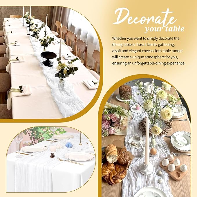 18 Pack Cheesecloth Table Runner White 10Ft Rustic Boho Gauze Table Runner Romantic Long Sheer Fabric Cheesecloth Table Runner for Wedding Festival Birthday Anniversary Dinner Outdoor Events