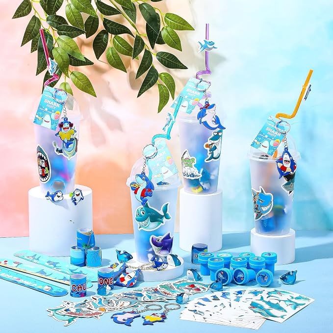 Qilery 195 Pcs 16 Guests Shark Birthday Party Favors for Kids Includes Plastic Cup with Lid Straw Keychain Bracelet Ring Stamper Stickers Tag for Party Favors Piñata Filling