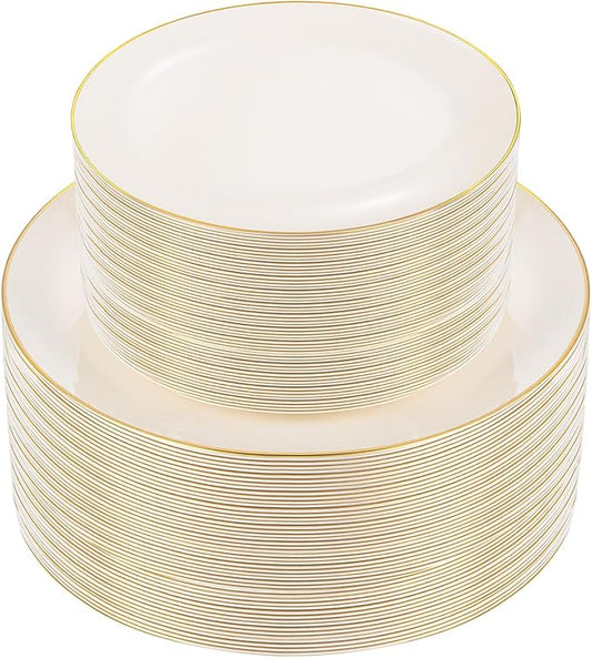 PULOTE 100PCS Ivory Plastic Plates - Cream Plastic Disposable Heavy Duty for Party & Wedding - Include 50 Each (Dinner & Dessert) Plates