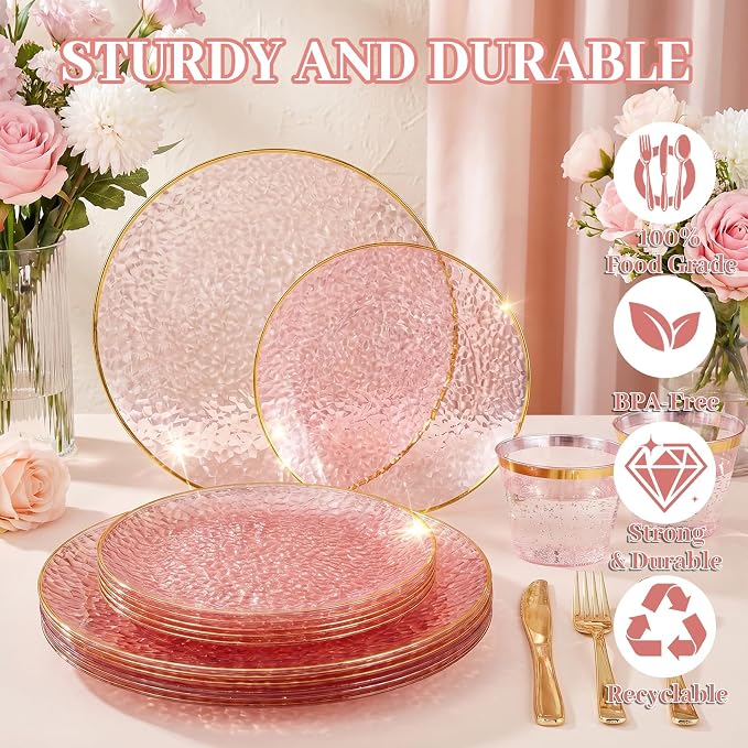 175PCS Pink Plastic Plates for 25 Guests, Disposable Plates for Party, Heavy Duty Disposable Plate Set Include: 25 Dinner Plates, 25 Dessert Plates, 25 Cups and Cutlery for Mother's Day