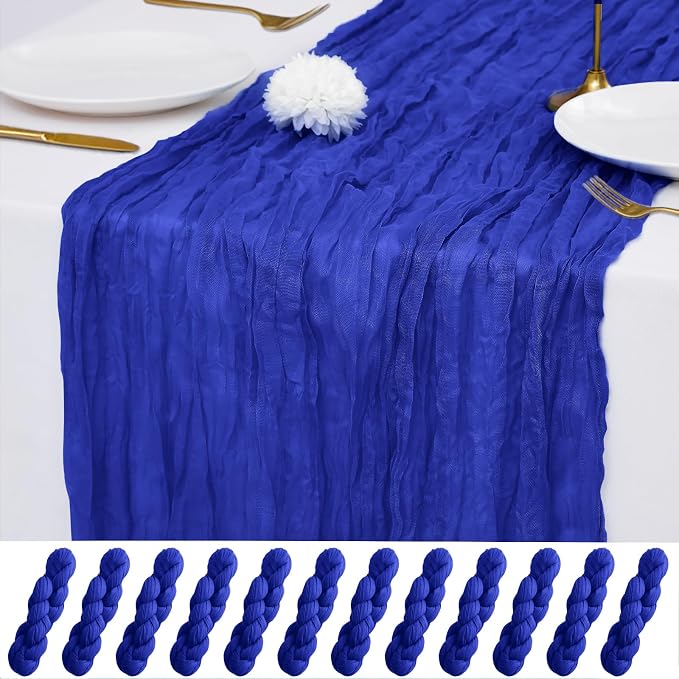 12 Pack Royal Blue Cheesecloth Table Runner 21x120 Inches, Boho Gauze Rustic Semi Sheer Cheese Cloth Table Runners for Easter Wedding Bridal Baby Shower, Birthday Party, Long Farmhouse Table Decor