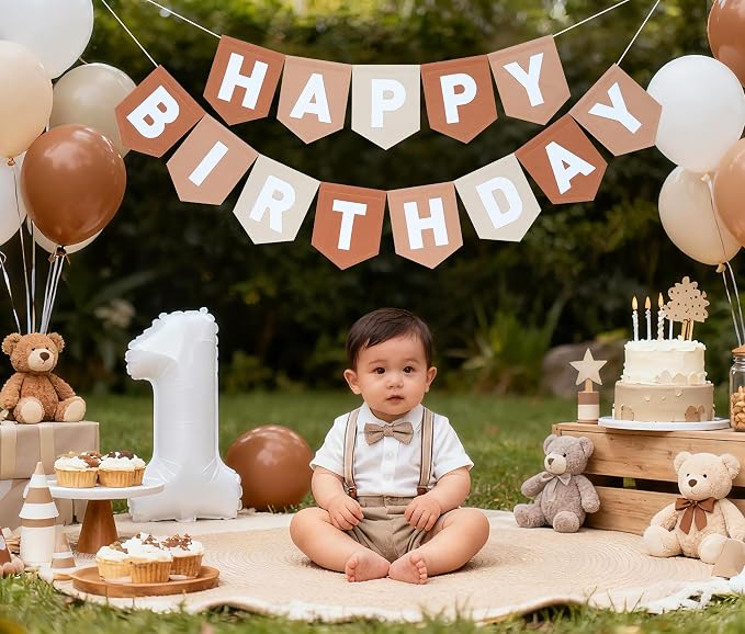 Felt Brown Happy Birthday Banner Birthday Decorations for Women Girls Boys Men Pets Handmade Party Backdrop