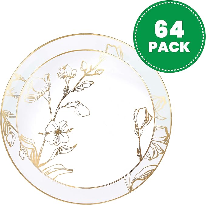 PLASTICPRO 64 Piece Combo Plates Set includes 32 7'' inch Plates & 32 10'' inch Plates White Plastic Floral Design Party Plates With Gold Rim, Premium Elegant, Disposable, Tableware, Dishes,