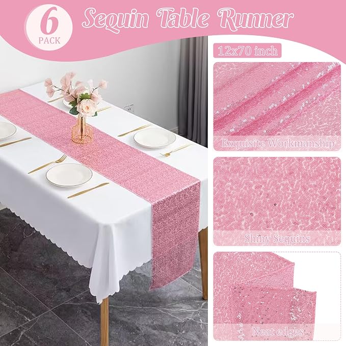 6 Pack Pink Valentine's Day Sequin Table Runner Table Cloths 12" x 70" Sparkle Table Runner for Baby Bridal Shower Wedding Birthday Party Table Decor (Pink)