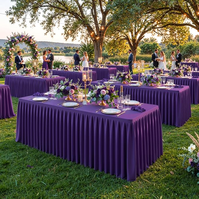 Purple Polyester Table Cloths for Rectangle 8 Foot Tables, 6 Pack Wrinkle Free Tablecloths Stretchy Banquet Ruffle Fitted Table Cover Desk Skirt for Parties Wedding Birthday Baby Shower