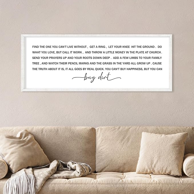 Buy Dirt Sign Wall Decor Song Lyrics Wall Art You Cant Buy Happiness Signs | 40x15 Inch Farmhouse Rustic White Wood Framed, Large Ideal for Living Room Kitchen Bedroom Entryway Hallway, Ready to Hang
