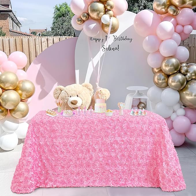Fanqisi Pink Rosette Tablecloth 90x156 Inches Girls Baby Showe Tablecloth for Birthday Cake Table Top Decorations