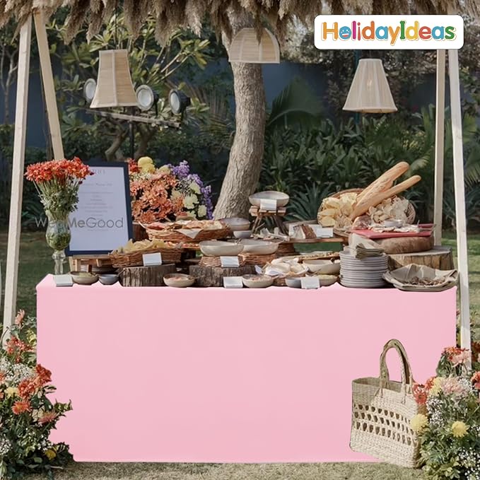HolidayIdeas 4-Pack 8ft Open Back Fitted Tablecloths for Craft Shows Pink | 3-Sided coverage wrinkle resistant tablecloths for vendor booths,banquet events,outdoor pop-up shop
