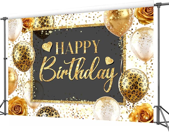 Happy Birthday Backdrop 7Wx5H Feet Polyester Fabric Gold Leopard Balloon Love Heart Rose Elegant Flower Confetti Decoration Girly Gold Glitter Photography Background Photo Shoot Props