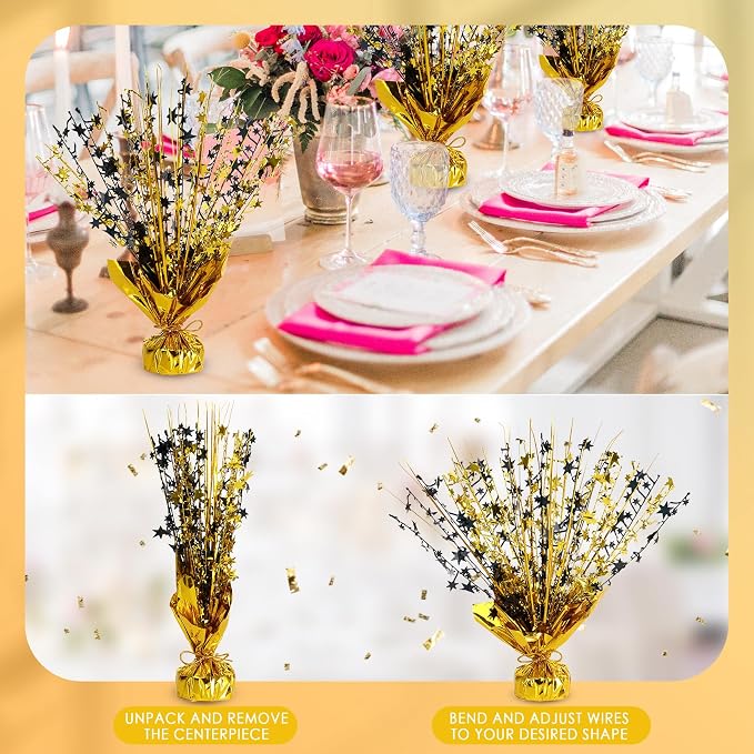 12 Pack Metallic Foil Spary Centerpieces for Tables, Black Gold Centerpieces for Tables Decorations, Star Brust Table Centerpieces for Birthday Graduation Wedding Baby Shower Party