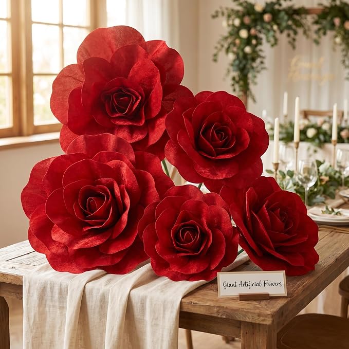 Norme 6 Pcs Giant Flowers for Decoration 12, 16, 20 Inch Large Rose Petals Giant Flowers Large Red Rose for Derby Day Wedding Arch Decoration, Home Decor, Anniversary Birthday Valentines
