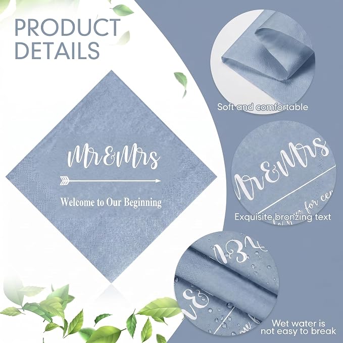 Teling 400 Pcs Wedding Napkins for Reception, 3 Ply Mr Mrs Wedding Cocktail Napkins for Engagement Bridal Shower Party Supplies Beverage Dessert Table Decorations(Haze Blue)