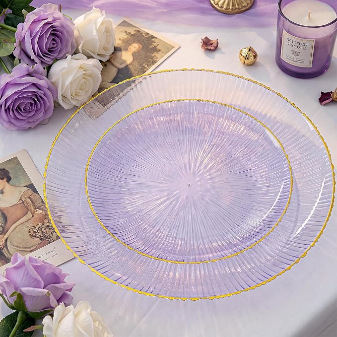 DaYammi 60Pcs Purple Plastic Plates with Gold Rimmed - Purple Disposable Plates Set Including 30pcs Dinner Plates,30pcs Dessert Plates with Radial Texture for Party & Wedding Bridal Shower