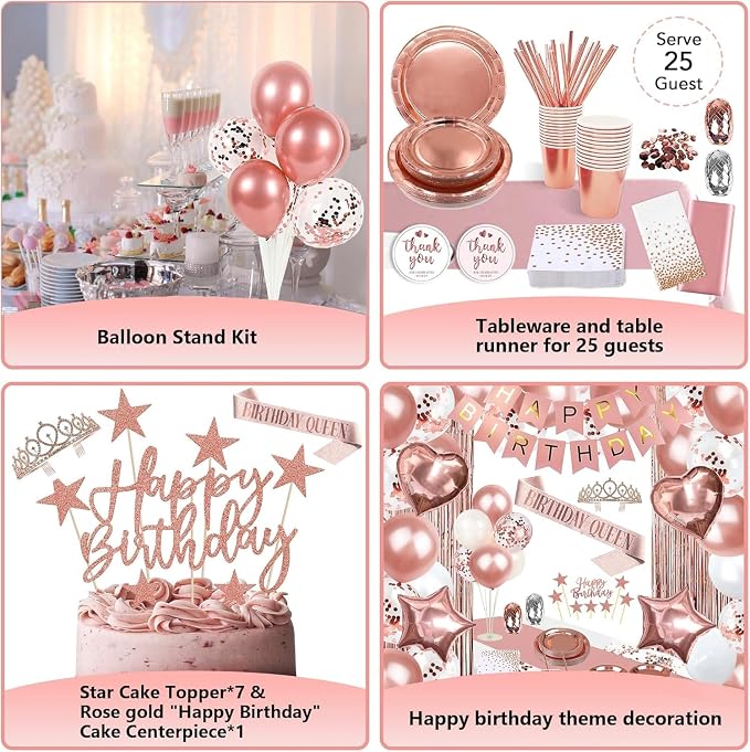 255 Pcs Rose Gold 50th Birthday Decorations for Women – Party Decoration Supplies Kit with “Happy Birthday” Banner, Balloons, Crown, Sash, Cake Topper, Tableware & Fringe Curtain for 25 Guests