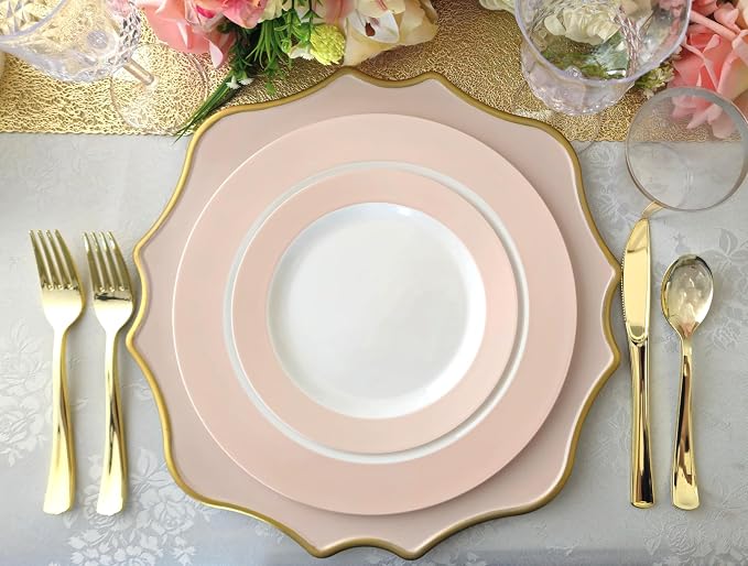 " OCCASIONS " 50 Plates Pack (25 Guests)-Wedding Party Disposable Plastic Plate Set -25x10.5'' Dinner + 25x7.5'' Salad/dessert plates (Rio in White & Pearled Pink Blush)