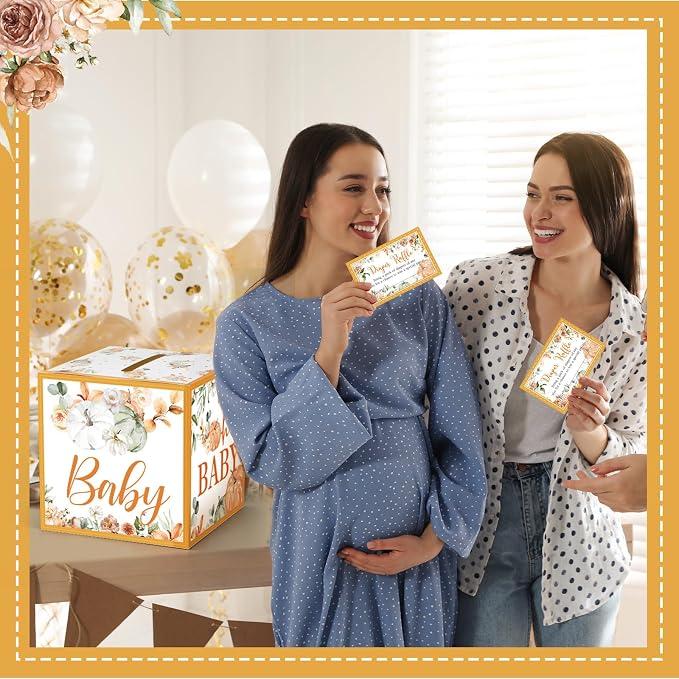 Teling 51 Pieces Diaper Raffle Tickets with Card Box Baby Shower Decorations Gender Reveal Holder Box for Girl Boy Diaper Raffle Party(Little Pumpkin)