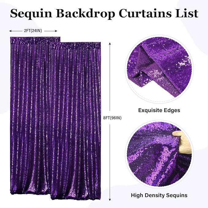PartyDelight Sequin Backdrop Curtains 2x8ft 2 Panels | 3mm stitched sequin curtain with 4 inch rod pocket for 2x8ft 2 panel doorway window side drape narrow photo booth strip