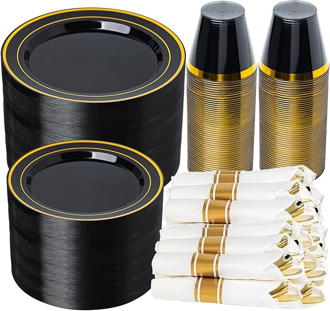 N9R 350 PCS Black Plastic Dinnerware Set for 50 Guests, Gold Plastic Plates, Disposable Plate for Party, Include: 50 Dinner & Dessert Plates, 50 Pre Rolled Napkins with Silverware and 50 Cups