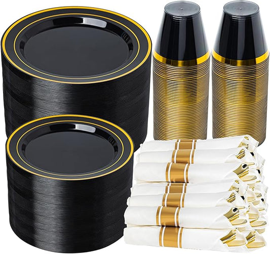 N9R 350 PCS Black Plastic Dinnerware Set for 50 Guests, Gold Plastic Plates, Disposable Plate for Party, Include: 50 Dinner & Dessert Plates, 50 Pre Rolled Napkins with Silverware and 50 Cups