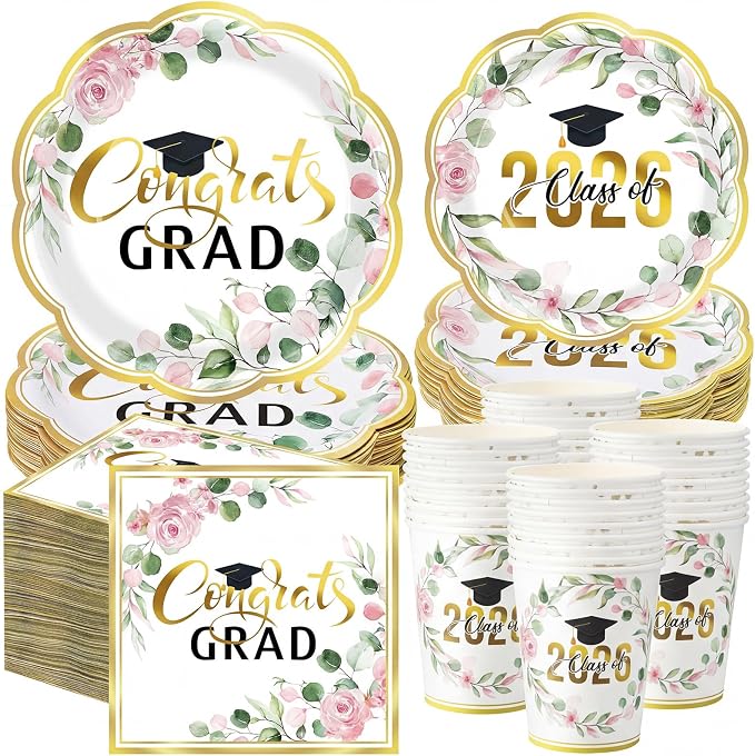 Pickmesh 250 Pcs Class of 2026 Graduation Party Supplies for 50, Pink and Gold Floral Congrats Grad Paper Plates Napkins Cups Disposable Graduation Party Tableware Set for Grad Table Decoration