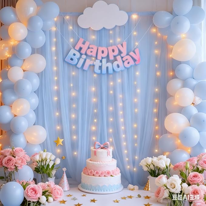 30x10ft Baby Blue Tulle Backdrop Curtain with Lights String for Parites, Sheer Photo Backdrop Curtains with Lights for Wedding Backdrop Ceremony Reception Bridal Shower Baby Shower Birthday Party