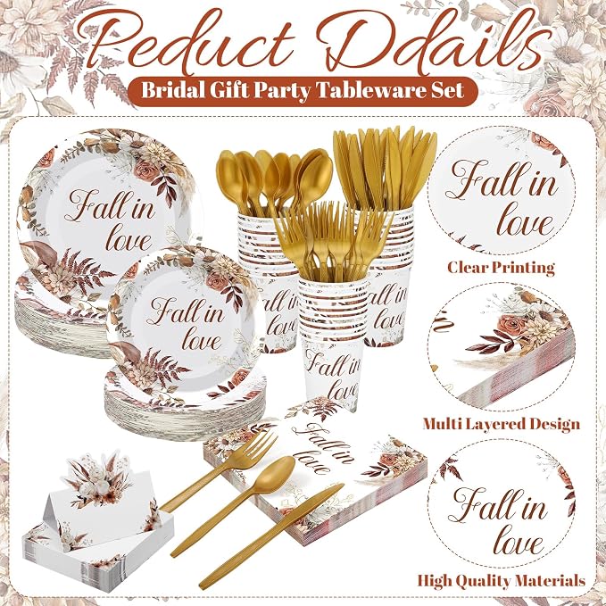Shellwei 410 Pcs Fall in Love Bridal Shower Decorations Boho Floral Paper Plates and Napkins Set Disposable Party Tableware Sets with Cups Knives Forks Spoons Seat Card Favors for 50 Guests
