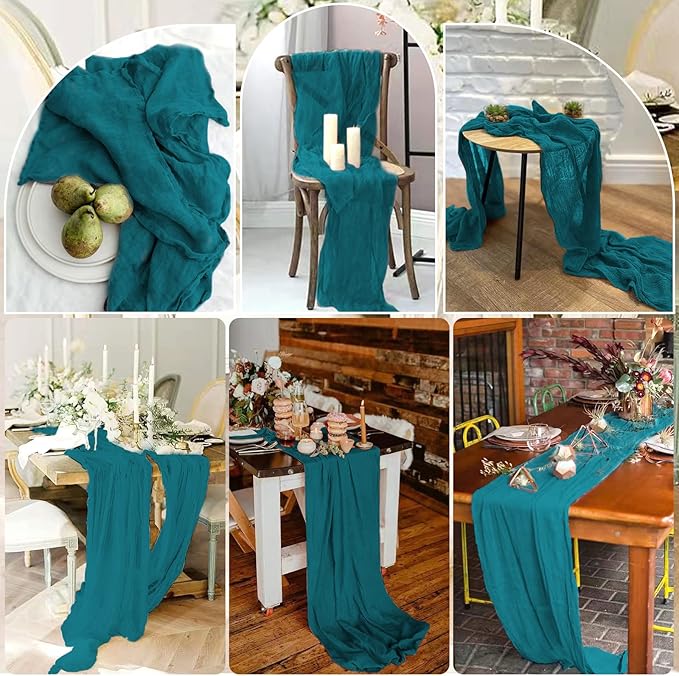 10 Pcs Teal Cheesecloth Table Runner 10FT, Gauze Cheese Cloth for Wedding Reception Rustic Sheer Bridal Shower Birthday Party Boho Table Decoration, Romantic Wedding Runner