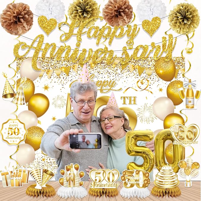 50th Anniversary Decorations, White Gold 50th Wedding Anniversary Decorations- Banner Backdrop Centerpieces Hanging Swirls Pom Pom Party Supplies