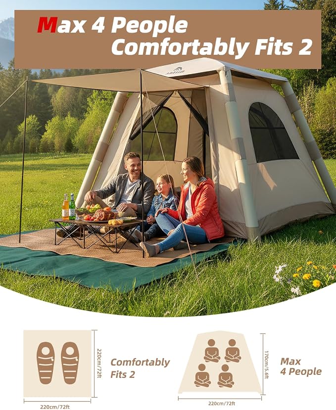Abahub 2-4 Person Inflatable Camping Tent with Hand Pump, Easy Setup Blow Up Tent with Built-in Canopy, Waterproof 210D Oxford Fabric, Breathable & Ventilated Outdoor Glamping Tent