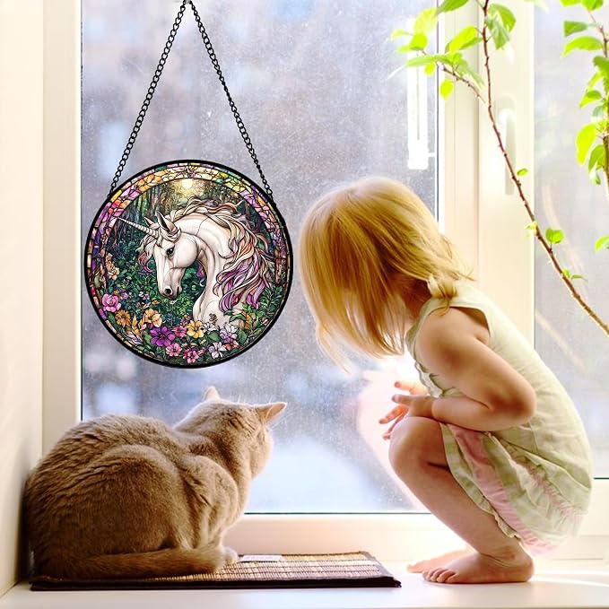 DASTOLL Stained Glass Window Hanging, Unicorn Flowers Suncatcher for Doors Home Sun Catchers Decoration and Christmas, Mother's Day Birthday Gifts for Women, Men, and Mom 7.8 in