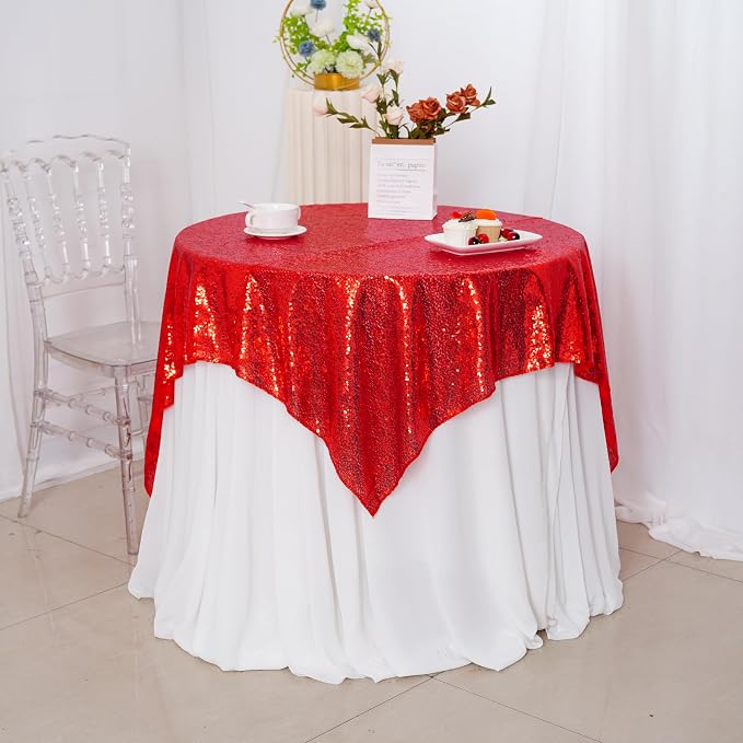 Poise3EHome Red Sequin Tablecloth 50×50 Inch Square Sequin Fabric Table Cover Overlay for Valentine Christmas Baby Shower Birthday Party Wedding Holiday Cake Table Decoration