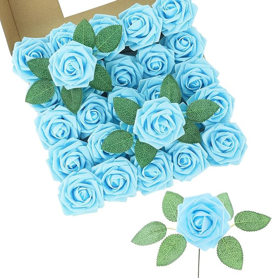 DuHouse 50Pcs Artificial Roses Flowers Fake Rose with Stems Real Touch Foam Flowers for DIY Wedding Bouquet Party Centerpiece Floral Arrangement Party Home Decor (Sky Blue)