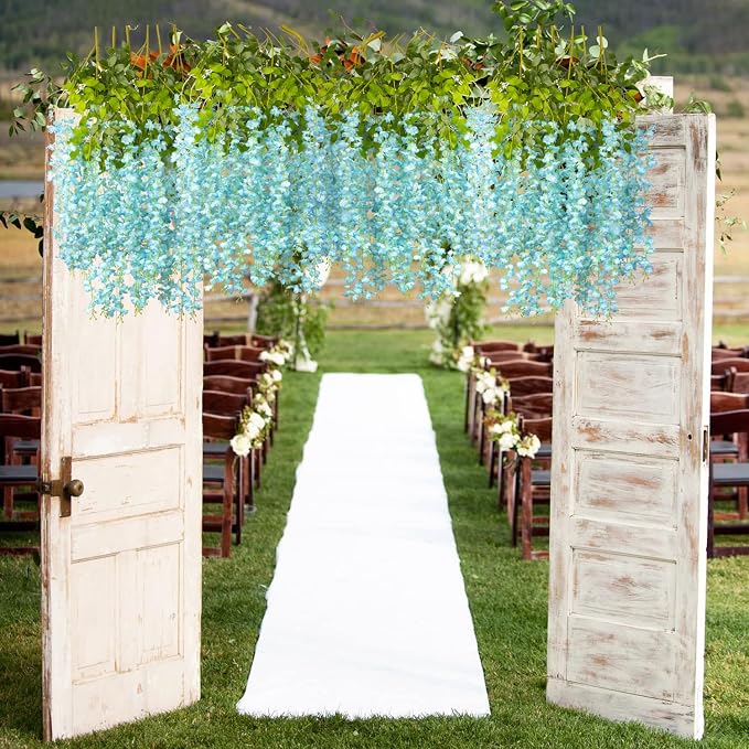 AITISOR 12 Pack Artificial Flowers Silk Wisteria Vine Ratta Hanging Flower (Sky Blue)