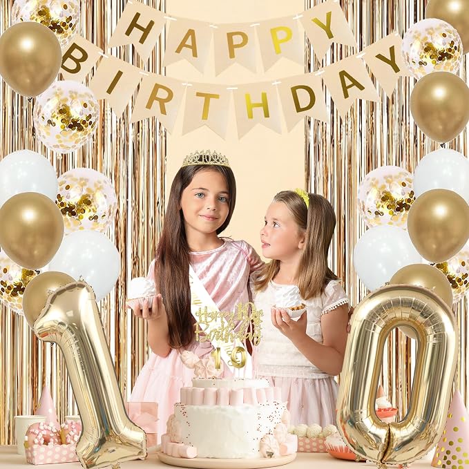 Trgowaul 10th Birthday Decorations for Girls, Banner, Sash and Crown, Cake Topper, 10 Number Balloon, Fringe Curtains, Champagne Gold 10th Birthday Party Supplies