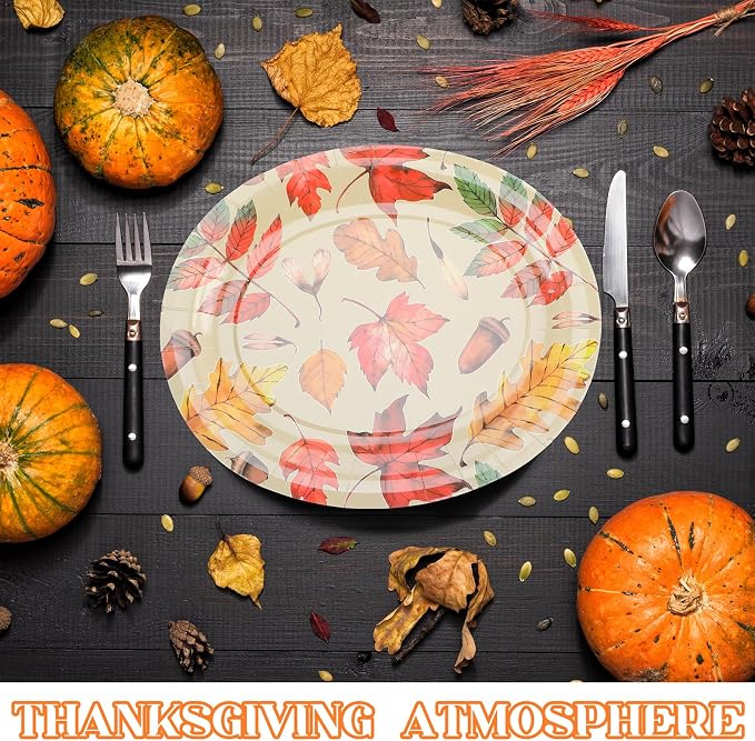 100 Pcs Fall Oval Leaves Plates 10" x 12" Disposable Thanksgiving Paper Plates Dinner Dinnerware Tray Party Supplies Autumn Tableware Set for Family Gathering Parties (Maple Leaf)
