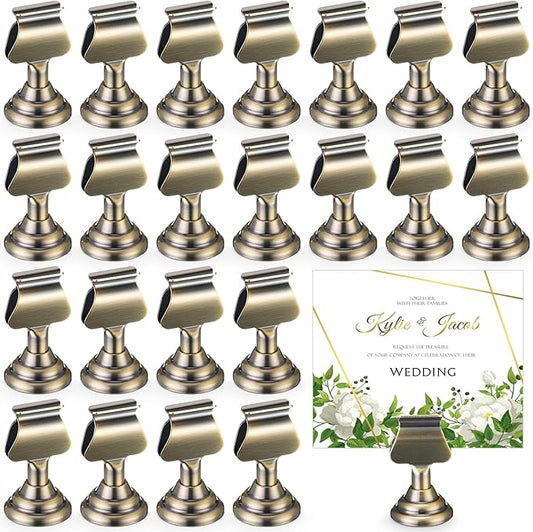 Kathfly 24 Pcs Wedding Table Number Holders 1.7 inch Metal Bronze Mini Place Card Holders Bulk Harp-clip Table Sign Stands Card Holder Display Picture Memo Notes Menu for Restaurants Birthday Decor