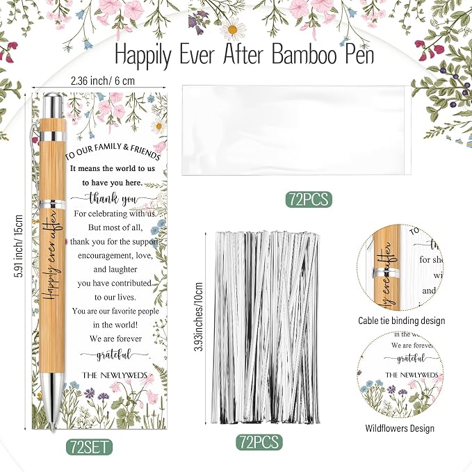 Spakon 72 Sets Wildflower Wedding Favors for Guests Bamboo Pens with Thank You Cards Clear Gift Bags Bridal Shower Gifts for Guest Souvenirs