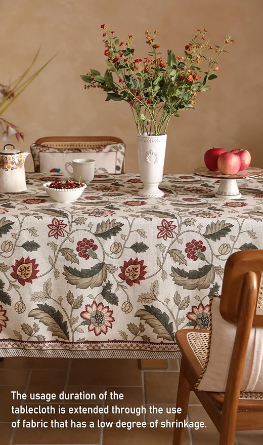 ISAENNE Designer Vintage Linen Tablecloth Rectangular,87"x55"-Ratina | French Elegant Printed Table Cloth for Rectangle Table,Floral Pattern,Decor,Heavyweight,Dining Room,Kitchen,Thanksgiving
