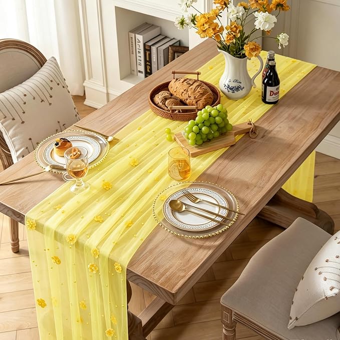 BINBE 4pcs Flower Pearl Table Runner Spring Summer Rustic Boho 10ft Tulle Table Runner for Baby Shower Wedding Veil Holiday Dessert Table Decor Yellow