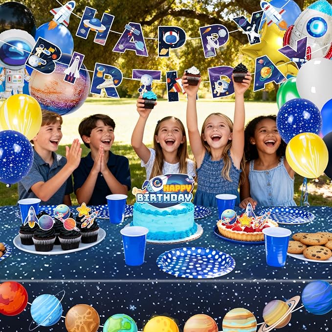 Outer Space Party Decorations, 109pcs Space Birthday Decorations Set Includes Galaxy Birthday Banner Balloons Tablecloth Cake Decorations etc