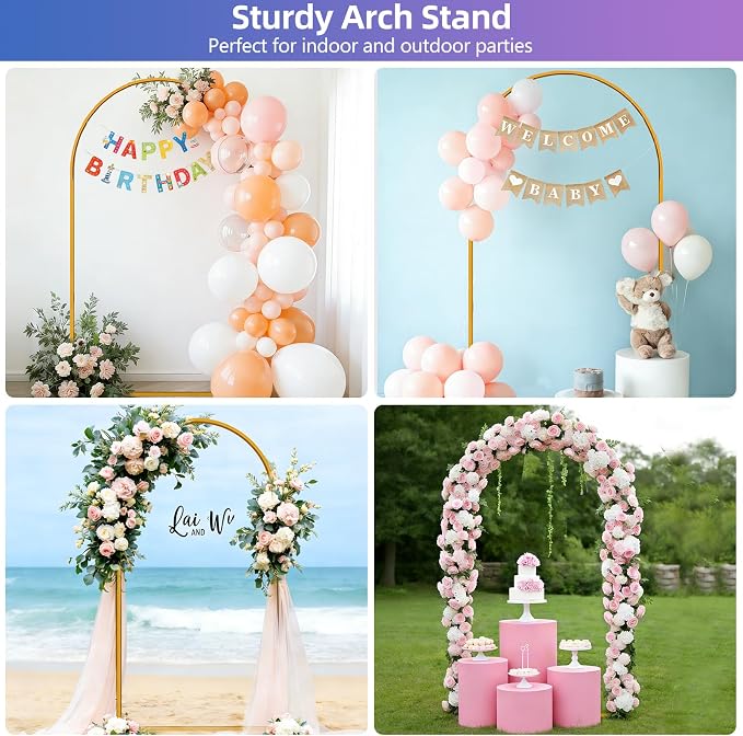 Hemmotop Arch Backdrop Stand Gold 7.2 FT | Metal, Stable with Ground Stakes, for Flowers, Balloons, Garden Decor, Ideal for Weddding, Baby Shower, Birthday Party Photo