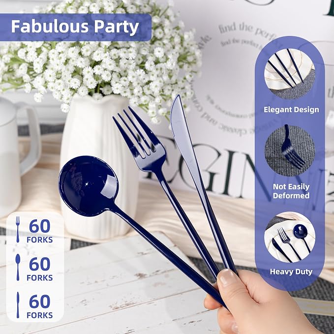 180PCS Blue Plastic Silverware,Heavy Duty Disposable Utensils Include 60 Forks,60 Spoons and 60 Knives,Blue Cutlery Plastic Silverware Sets for Party, Wedding or Daily Using