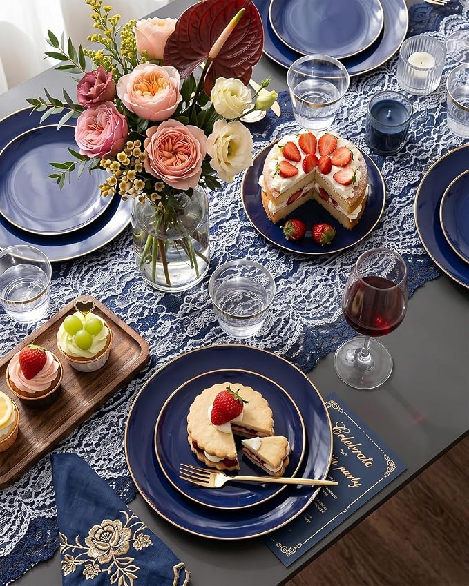 bUCLA 150PCS Blue and Gold Plastic Plates - 25 Guests Navy Blue Plastic Dinnerware Disposable for Party & 4th of July - Include 25 Dinner/Dessert Plates, 25 Knives, 25 Forks, 25 Spoons, 25 Cups