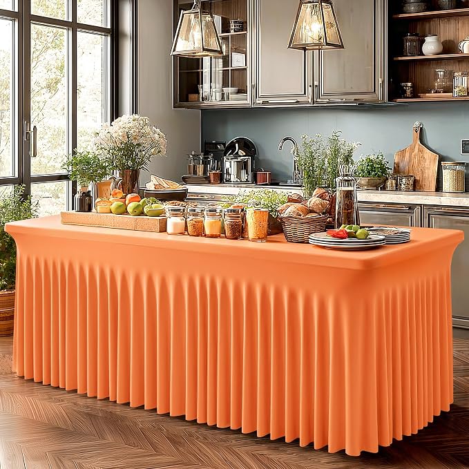 6 Packs Orange Table Clothes for 8 Foot Rectangle Tables, One-Piece Wrinkle Resistant Stretch Spandex Table Covers with Skirt for Event Banquet Wedding Birthday Party
