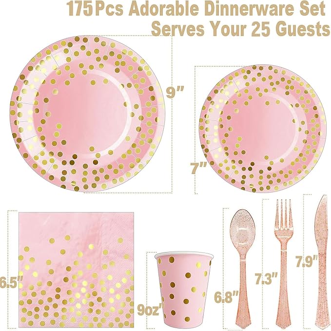 AIRE Pink Gold Paper Plates, 175PCS Disposable Dinnerware Set for 25 Guests | Thick food-grade paper,ideal for elegant weddings birthday graduations,leakproof heavy-duty construction,eco-friendly party