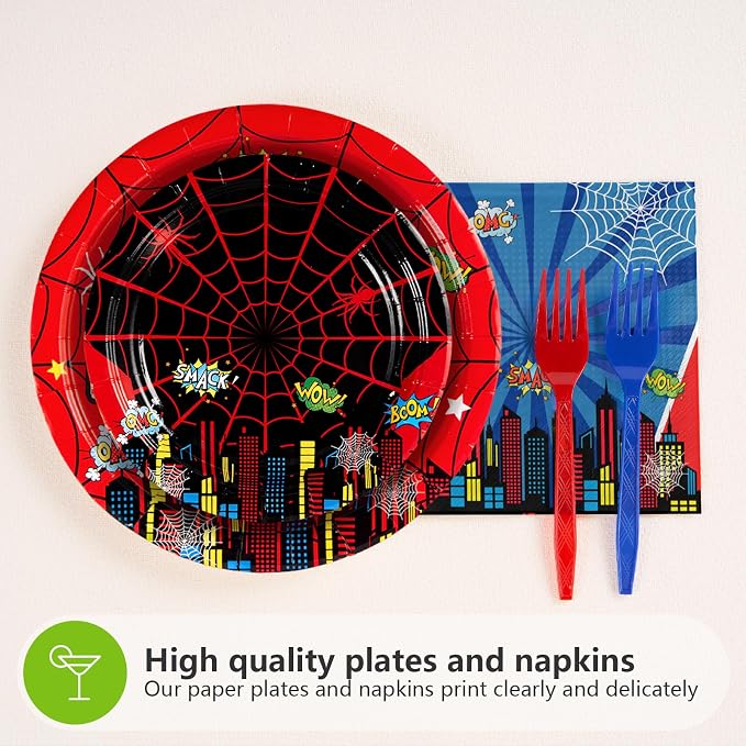 Grencian 96Pcs Cartoon Spider Birthday Party Decorations Red Blue Spider Birthday Plates and Napkins Disposable Hero Paper Tableware Set for Kids Baby Shower Super Theme Party Supplies, Serves 24