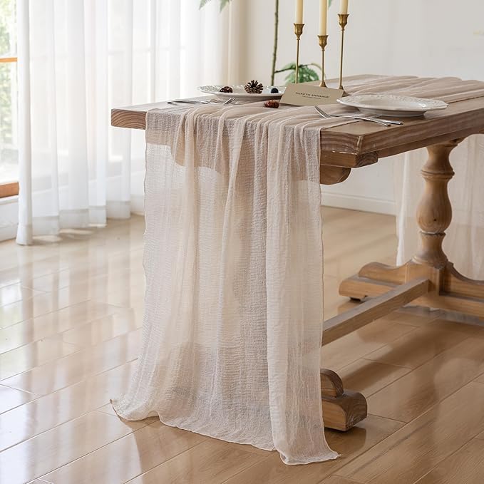 Keketoarrange Beige Spring Cheesecloth Table Runner Gauze Rustic 120 Inch 10 FT for Wedding Baby Shower Bridal Shower Birthday Engagement Garden Party Long Sheer Boho Summer Home Decorations